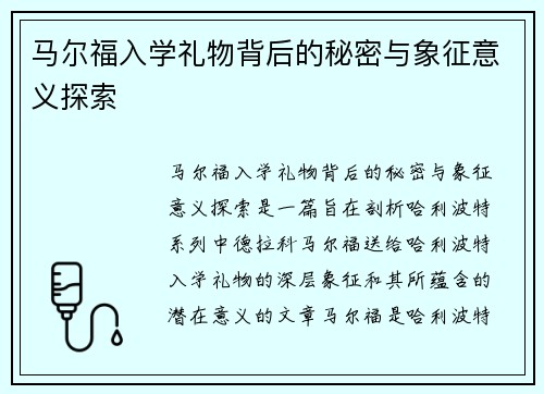 马尔福入学礼物背后的秘密与象征意义探索